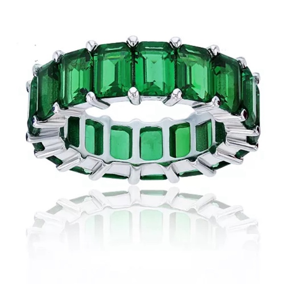 Green Emerald Cut Cubic Zirconia Eternity Band in Rhodium Plated Sterling Silver - Picture 1 of 9